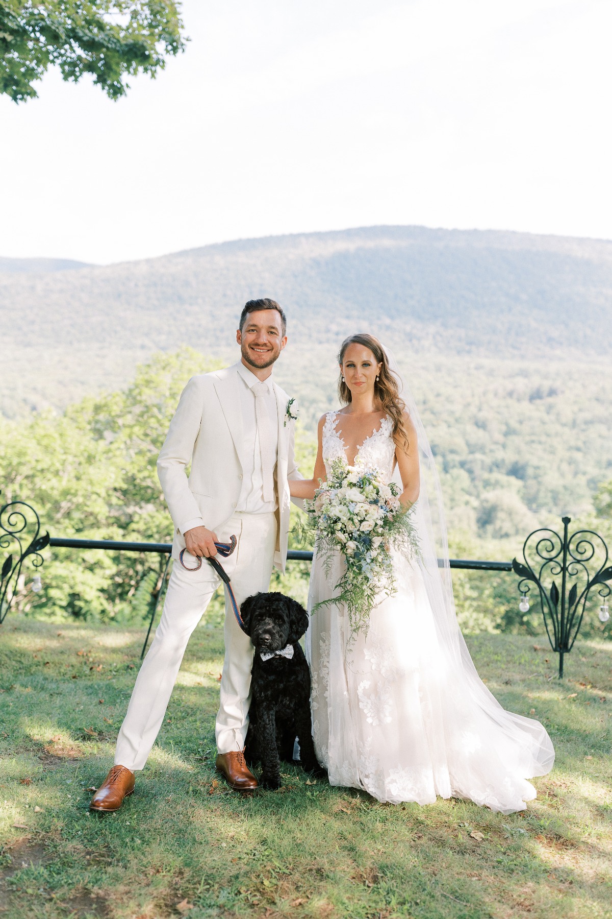 Elegant Vermont bride and groom with adorable dog ring bearer