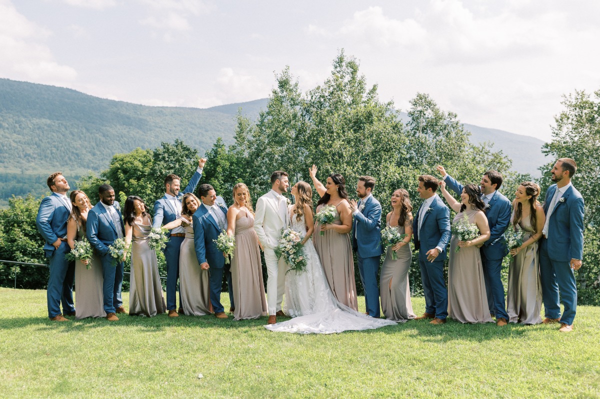 Elegant blue bridal party in beautiful Vermont hillside 