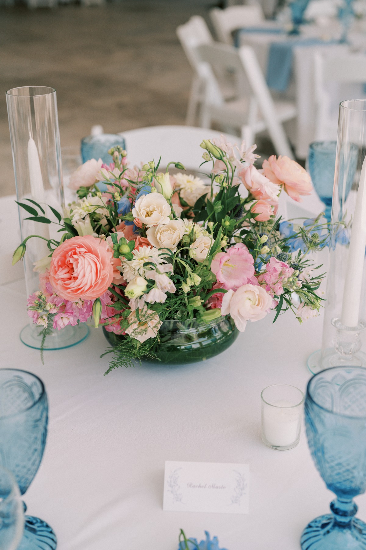 Lush pastel pink and light blue accented reception centerpieces