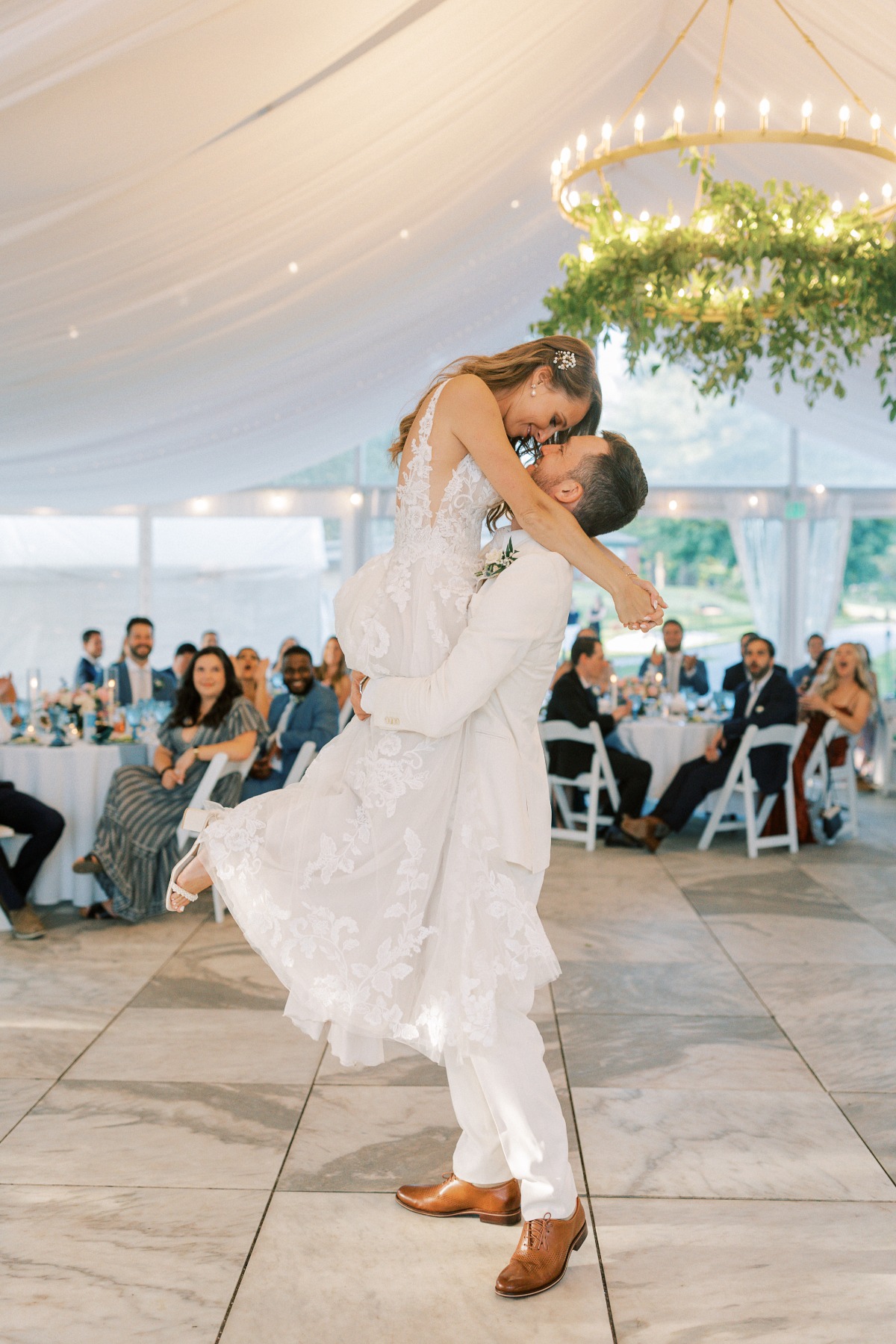 Romantic first dance at tented Vermont wedding reception 