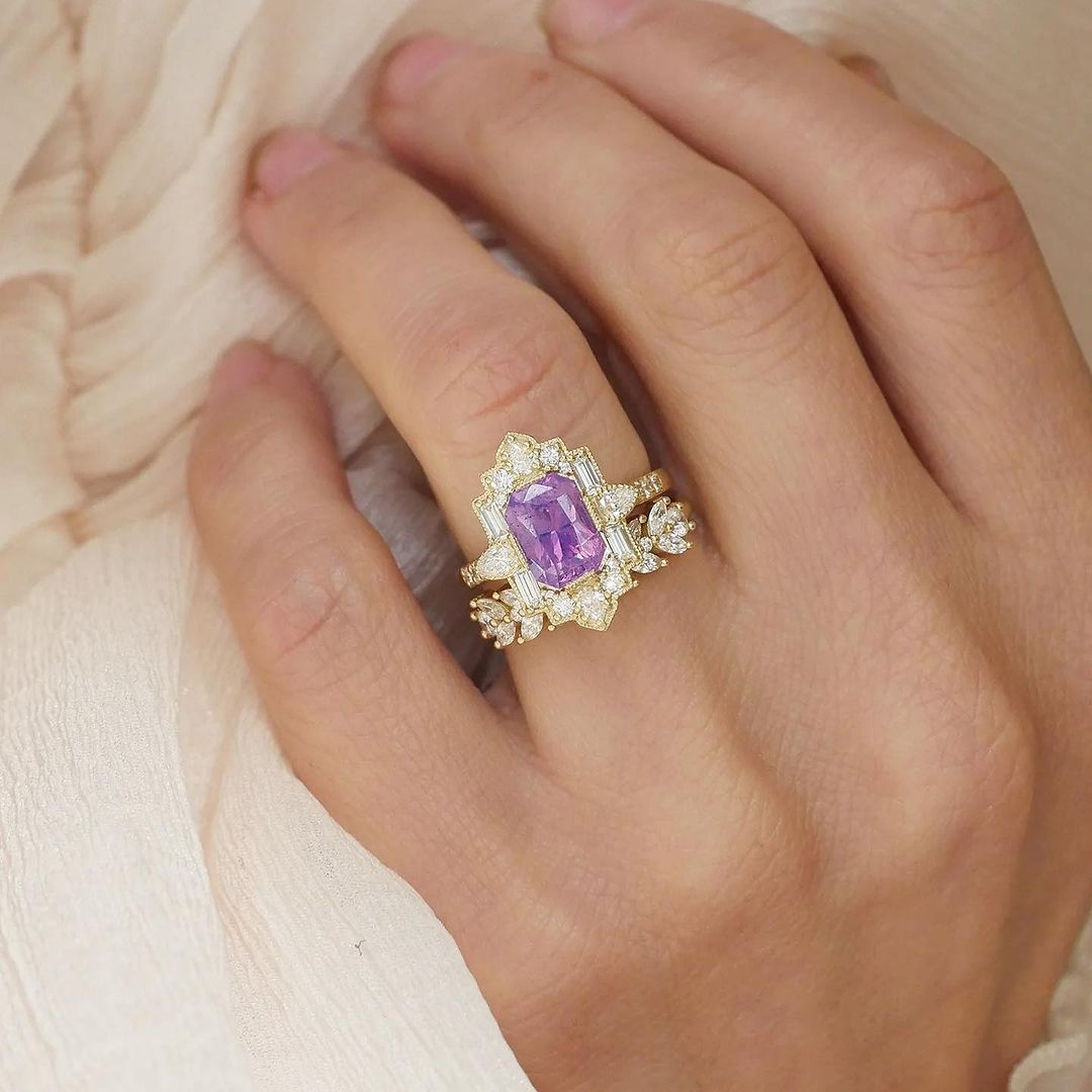 Art deco pink-purple sapphire engagement ring 