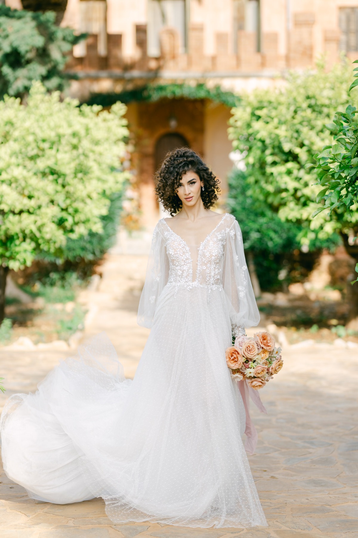 Romantic, sweeping floral wedding gown at Athens wedding