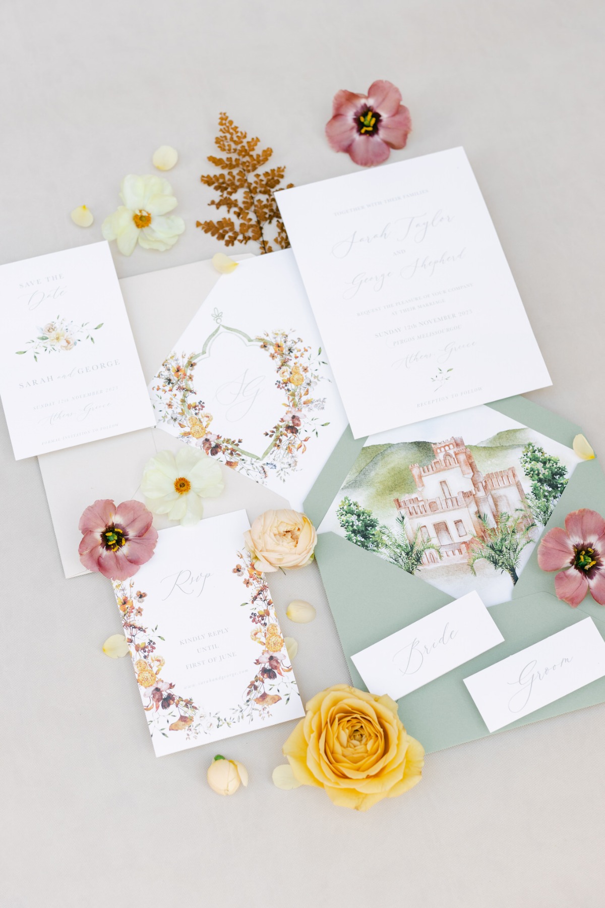 Romantic floral watercolor custom wedding invitations