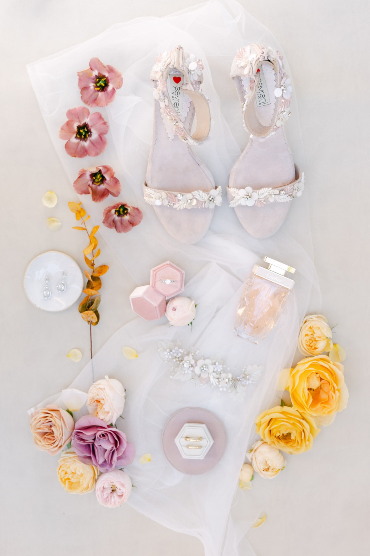 Elegant floral themed bridal accessories and shoes 