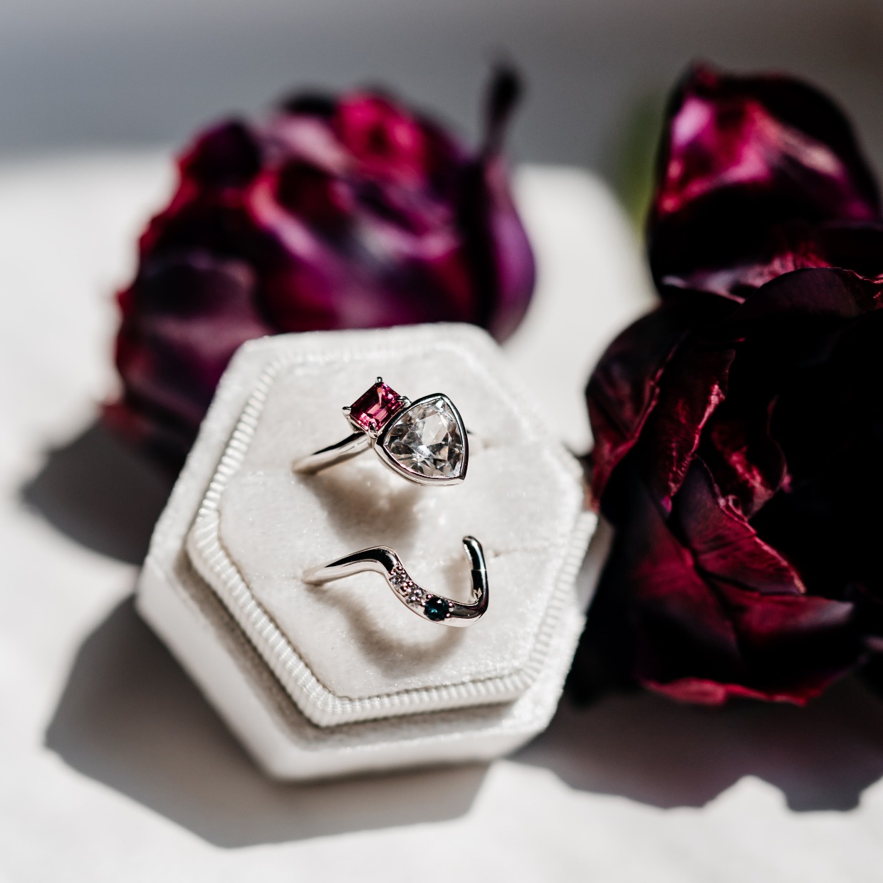 white sapphire & tourmaline ring set 