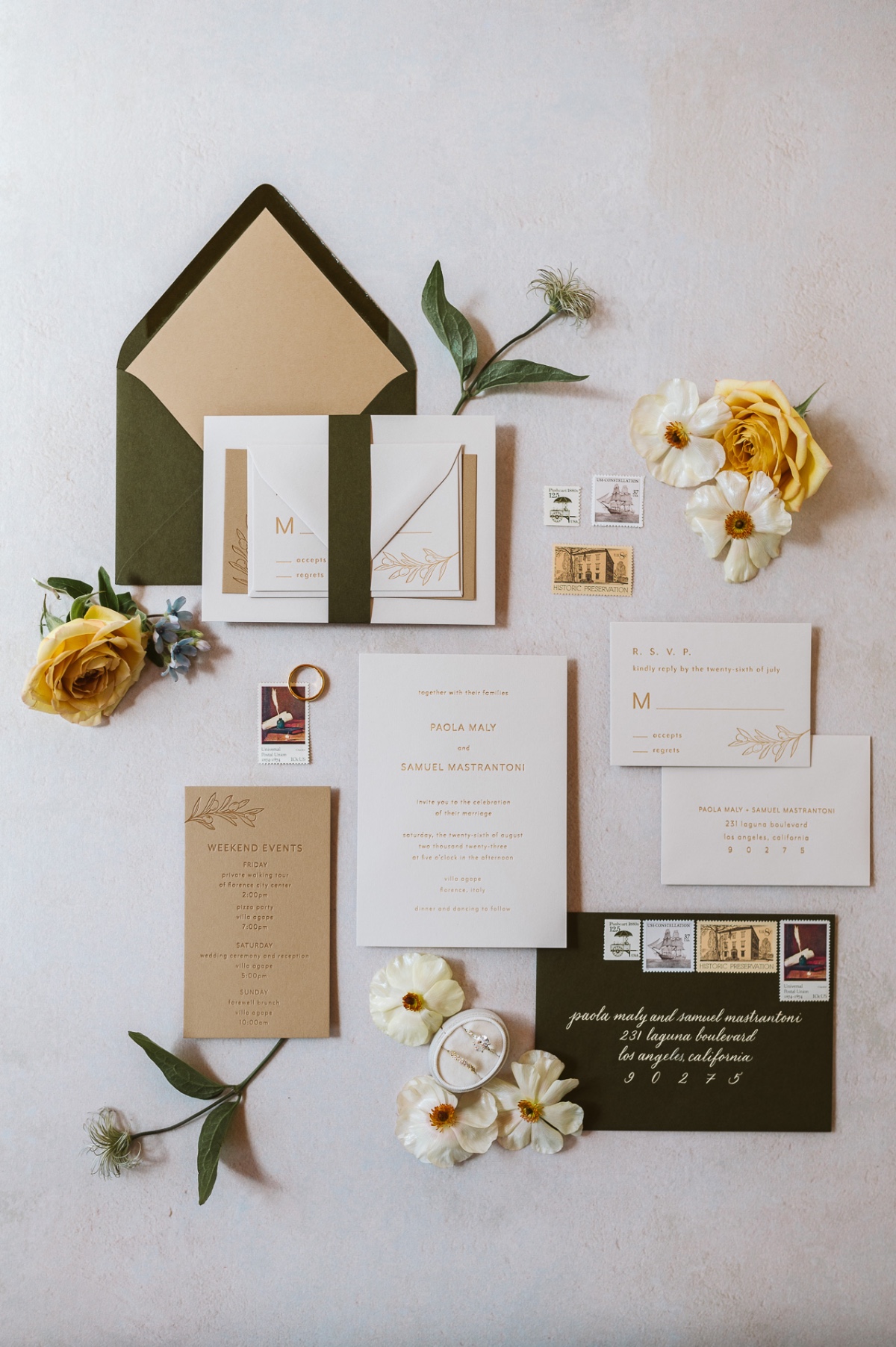 olive and ivory wedding invitation suite