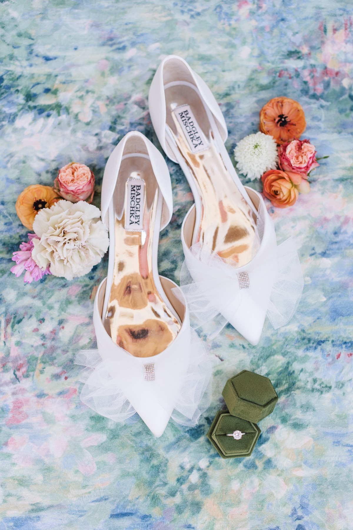 Badgley Mischka wedding heels with tulle bows and ring 