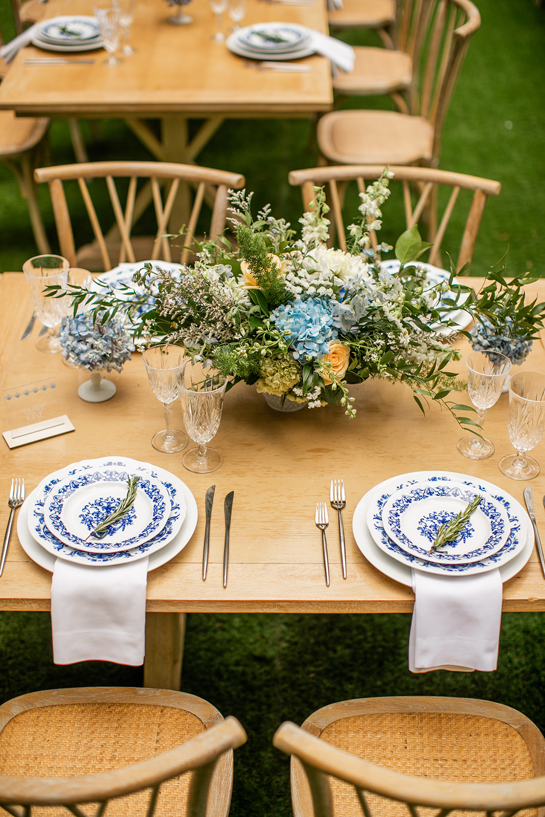 blue and white china for tablescape