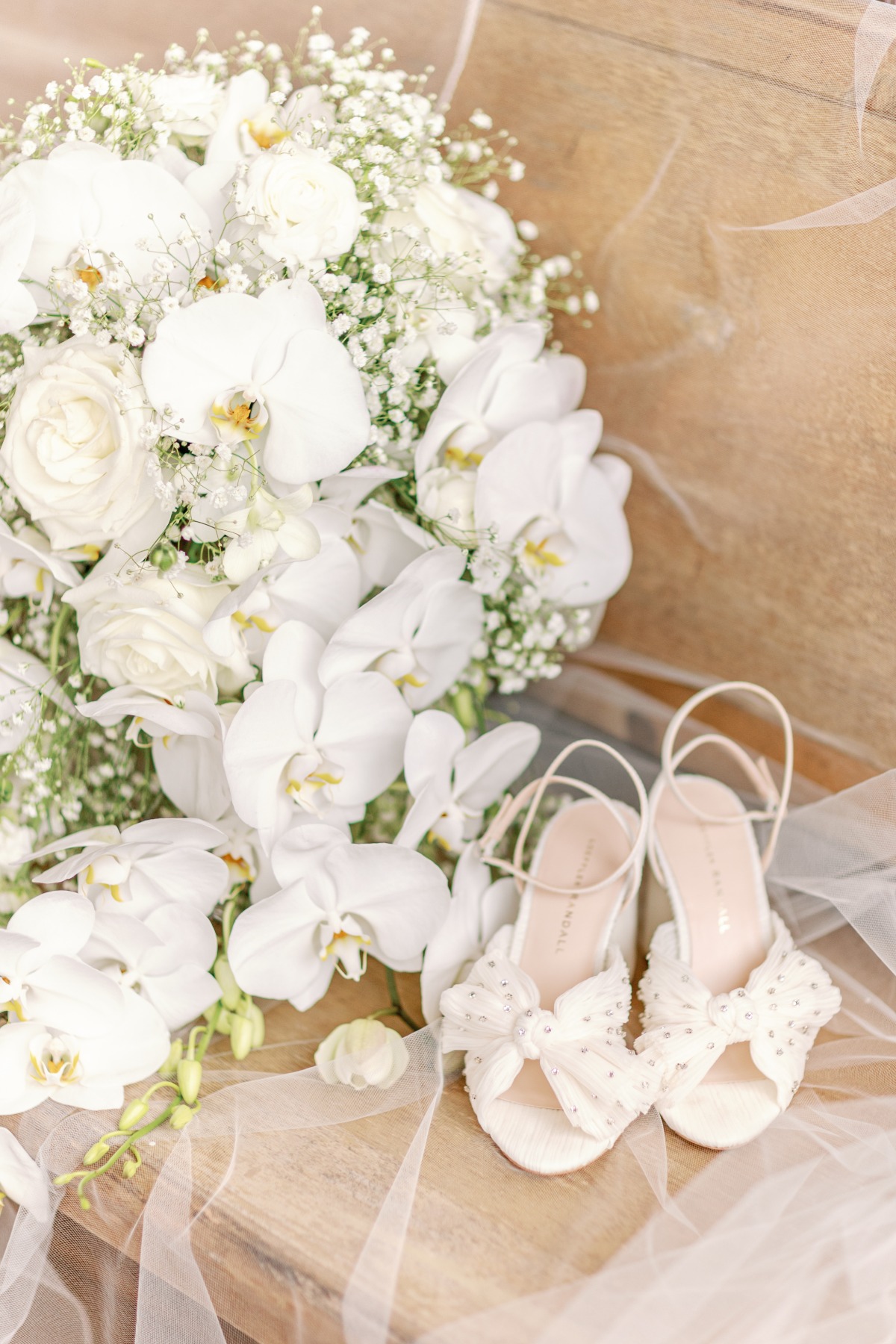 Orchid & baby's breath bouquet and tulle wedding heels 