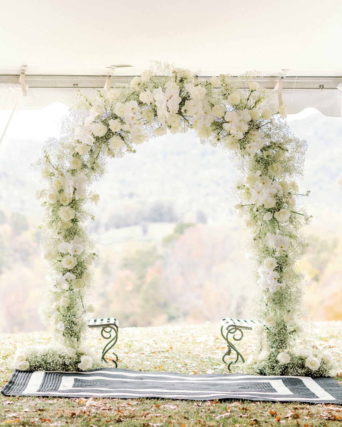 White rose and baby's breath wedding ceremony arch 