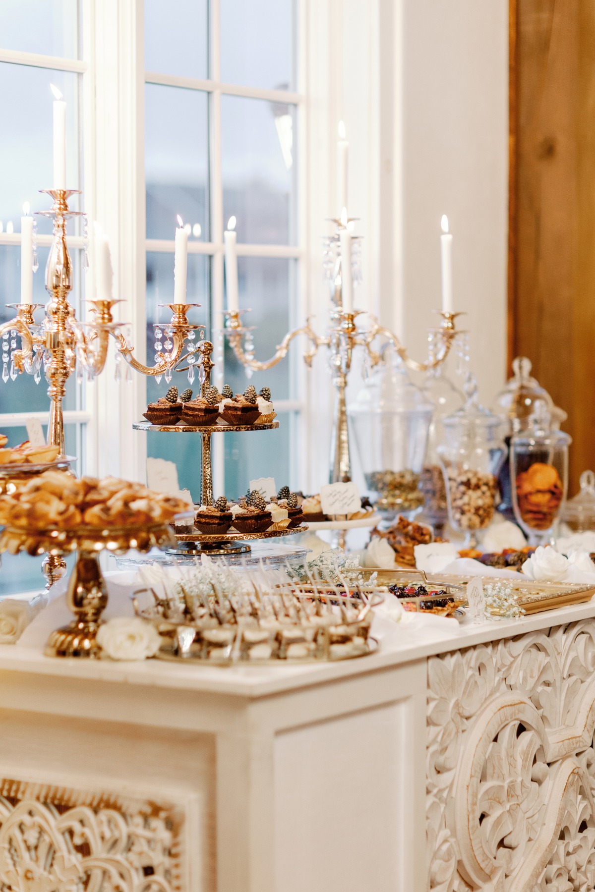 Ornate wedding dessert bar for chic wedding reception