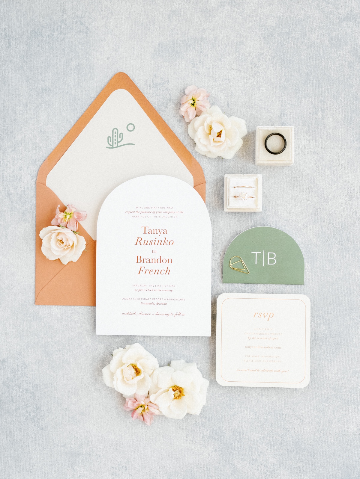 Orange and olive green desert wedding invitation suite 