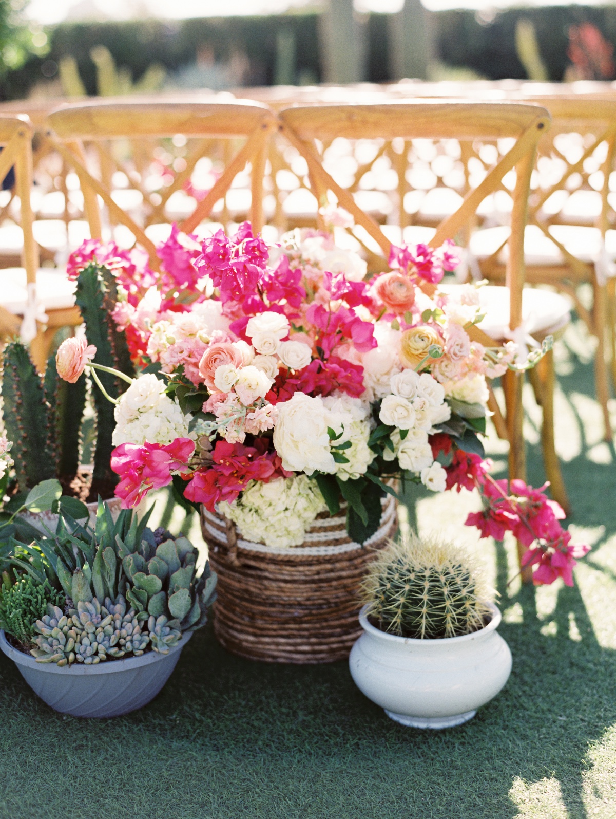 Cacti and pink flowers for wedding ceremony aisle