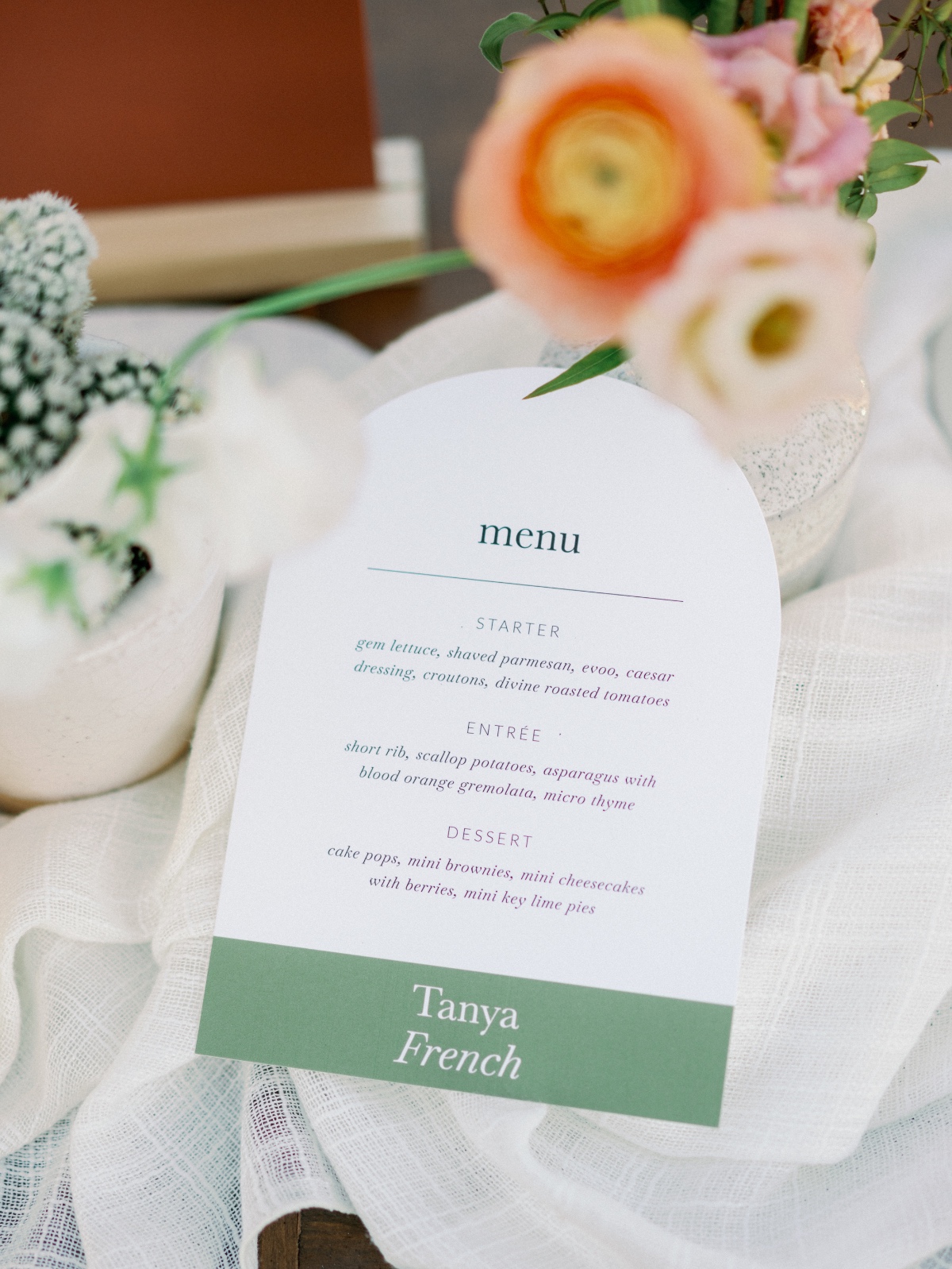 Modern olive green curved wedding dinner menu for reception 