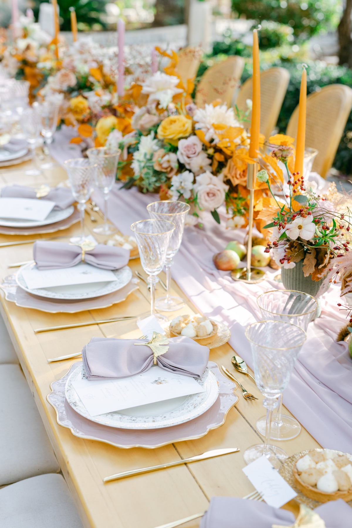 Lavender linens for autumn wedding reception in Greece