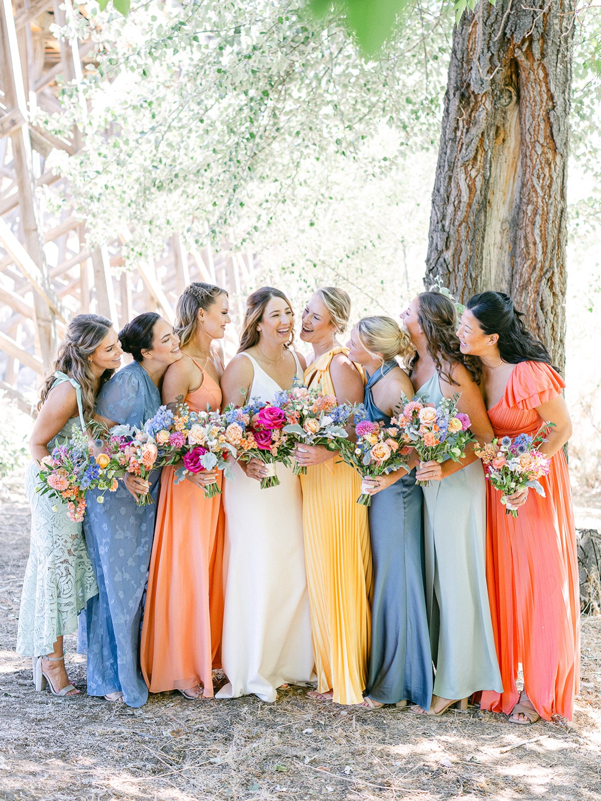blue peach and yellow bridesmaid dresses
