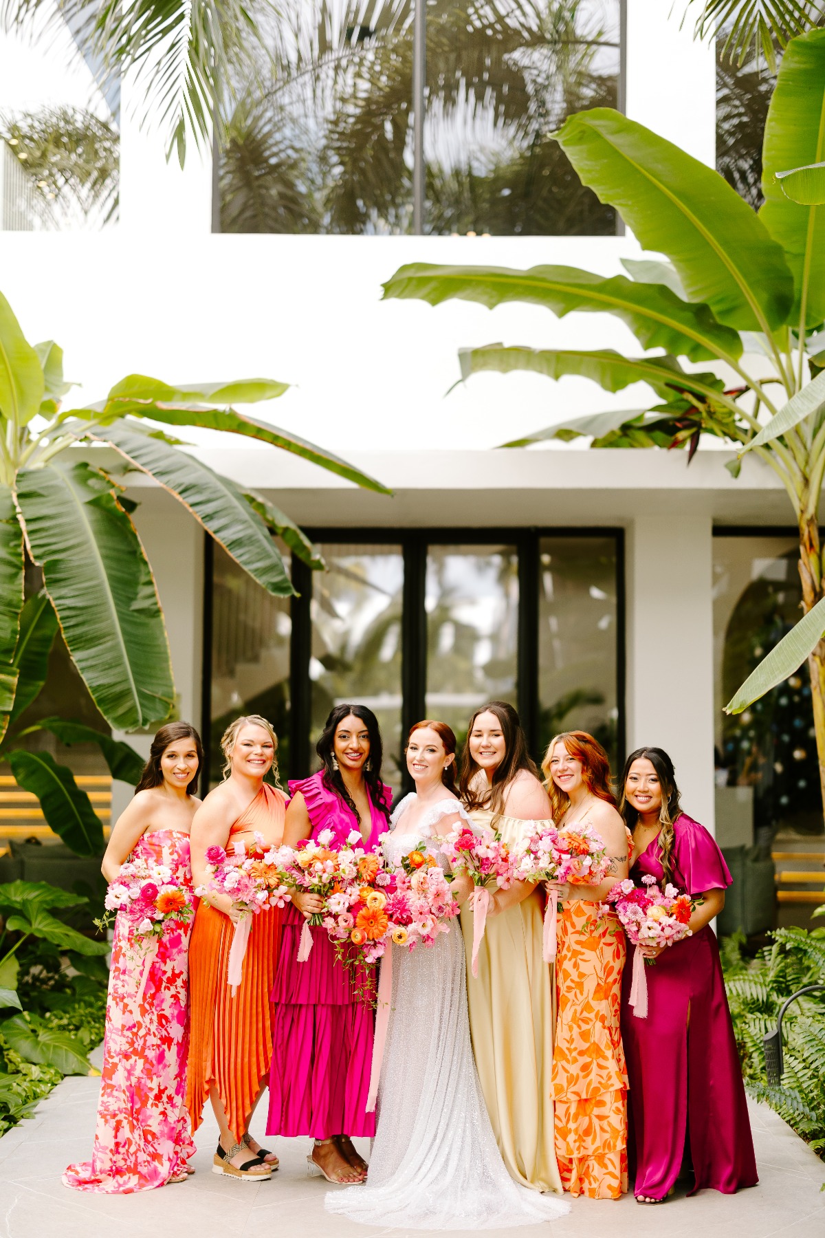 pink and orange bridesmaid dresses