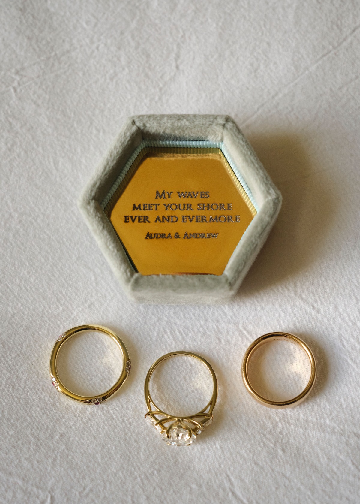 Custom message velvet ring box with gold wedding rings 