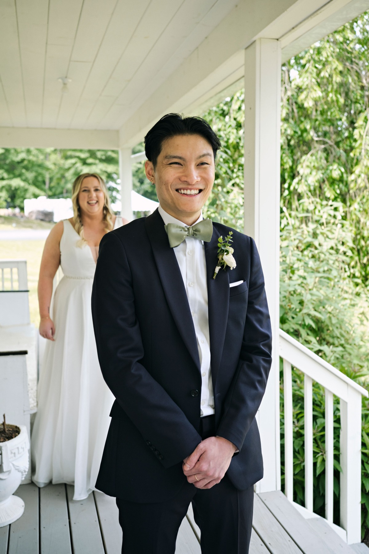 Modern and playful first look at Hudson Valley wedding 