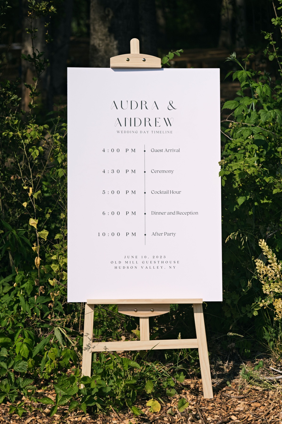 Modern minimalist wedding sign with timeline and agenda