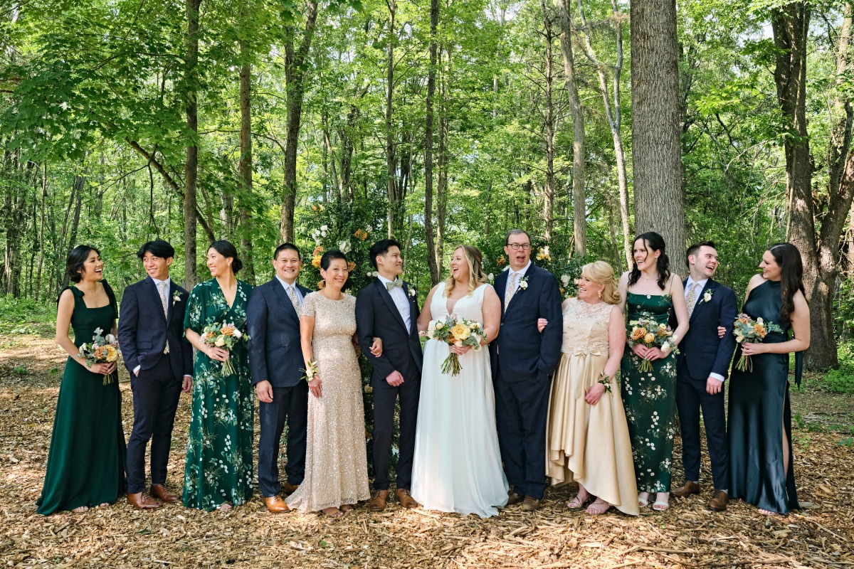 Playful and fun forest photos at sustainable New York wedding 