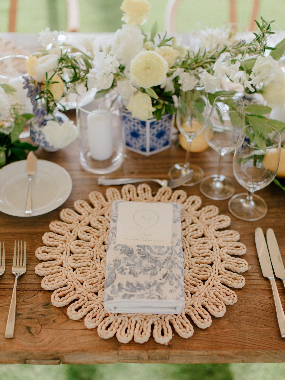 blue and white patterned napkins