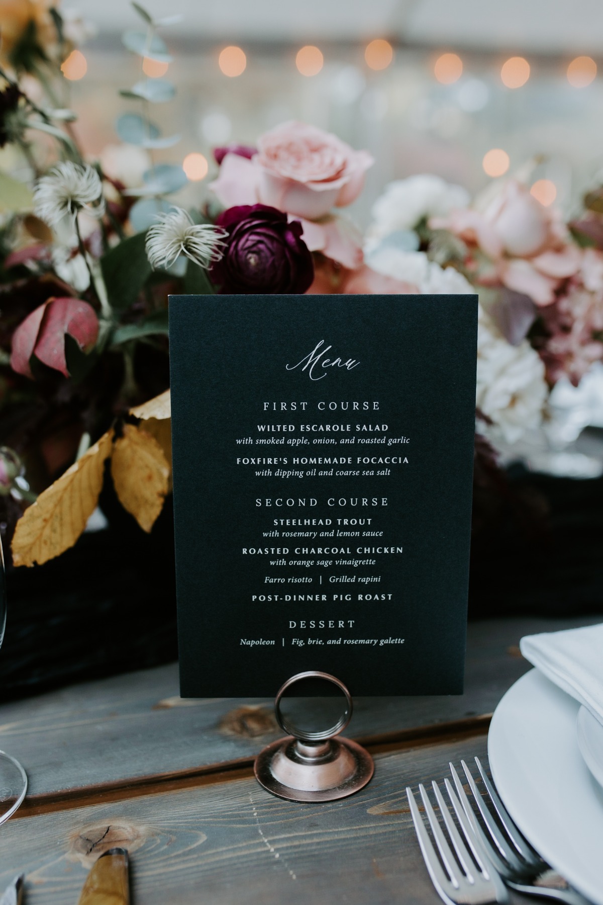 Modern black and white text dinner menu with catering 