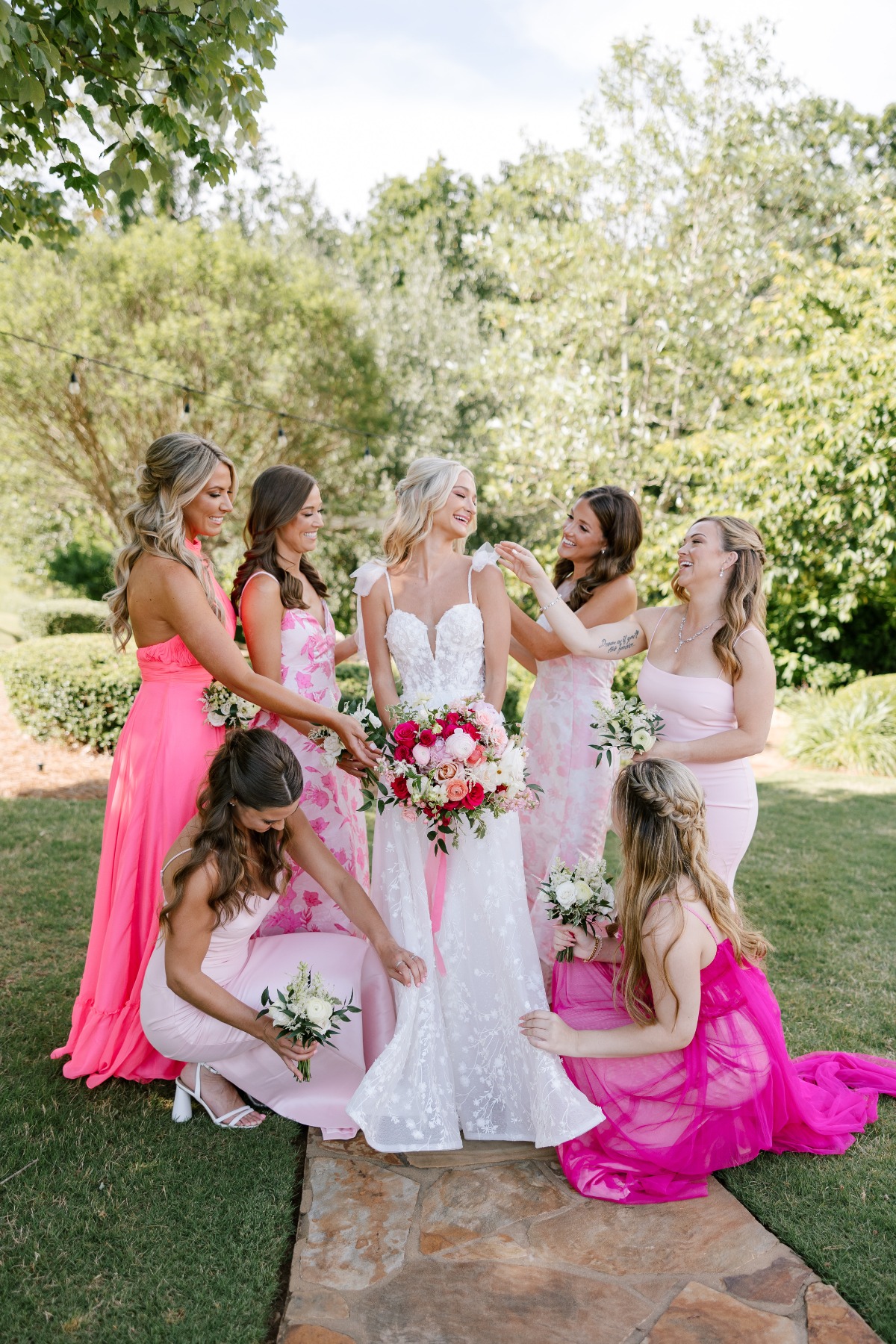 Hot pink to light pink mix and match bridesmaid dresses 