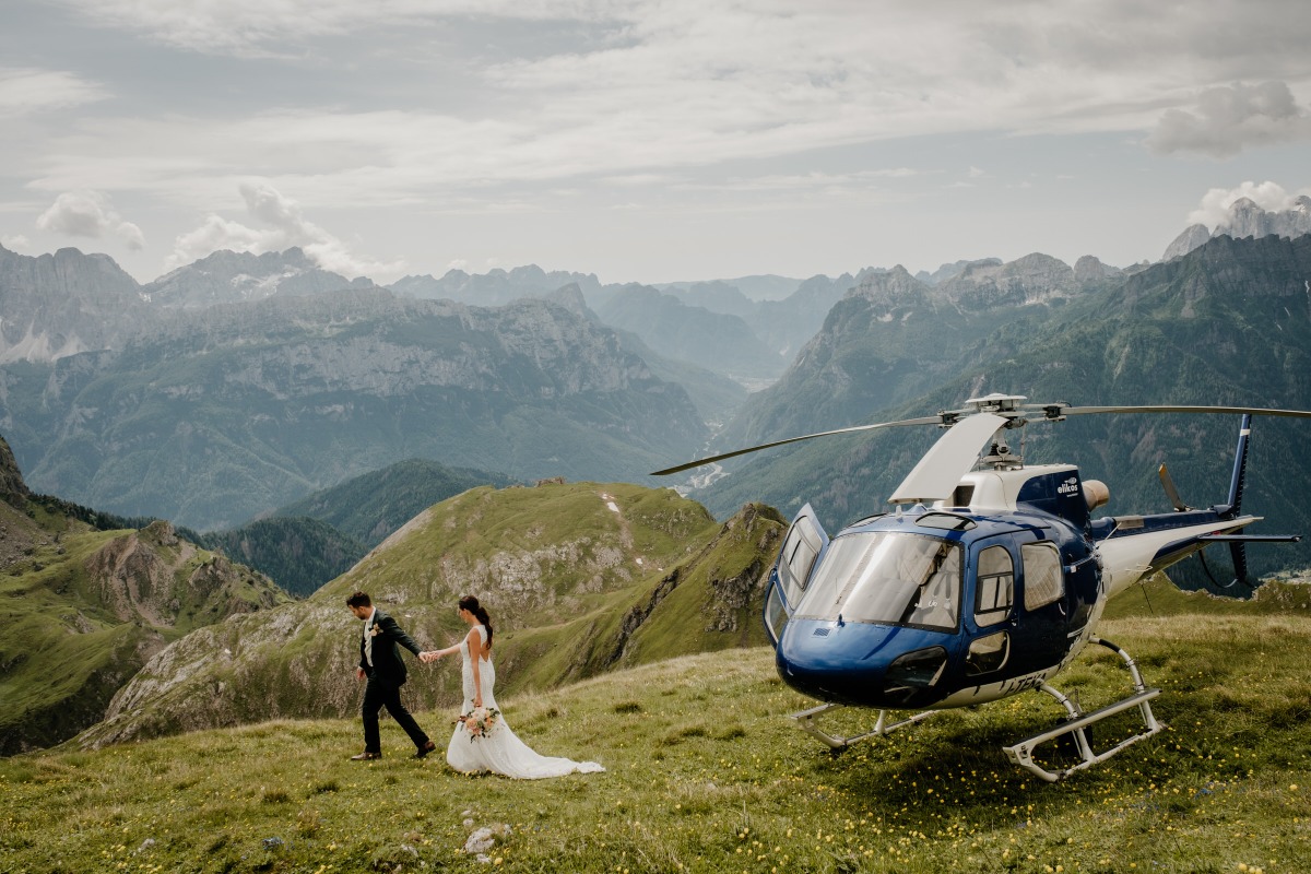 Bride and groom take helicopter to Italian mountain wedding 