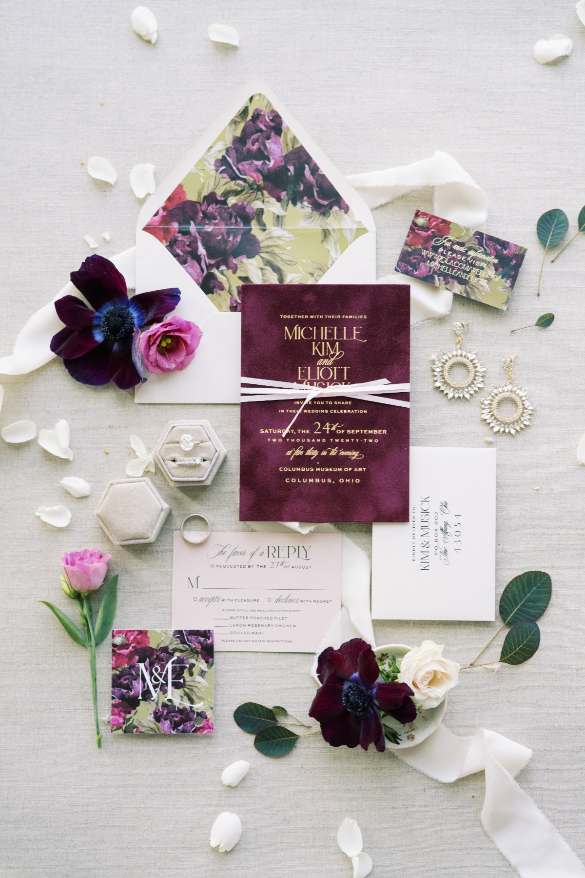 floral patterned purple wedding invitations
