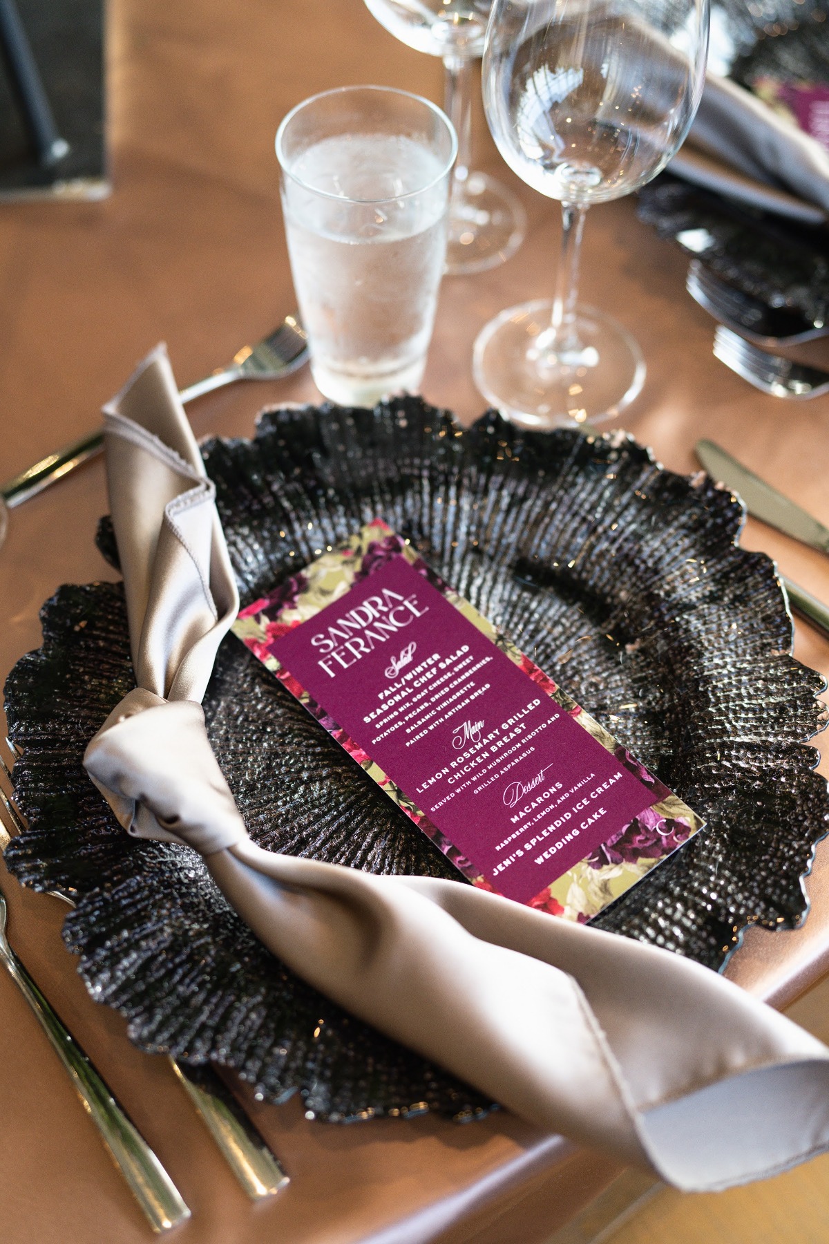 black and purple place settings