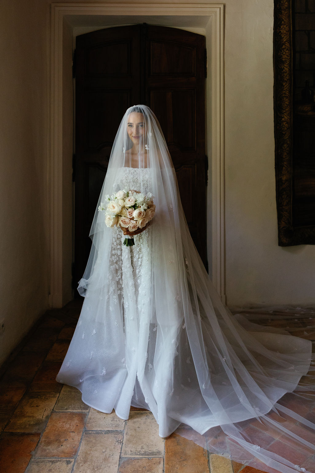 Gorgeous Swiss bride in floral designer wedding gown 