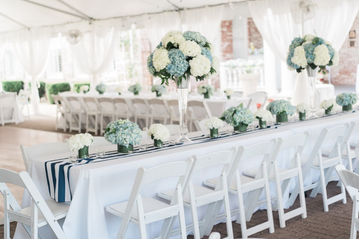 Blue hydrangea wedding reception table decor 
