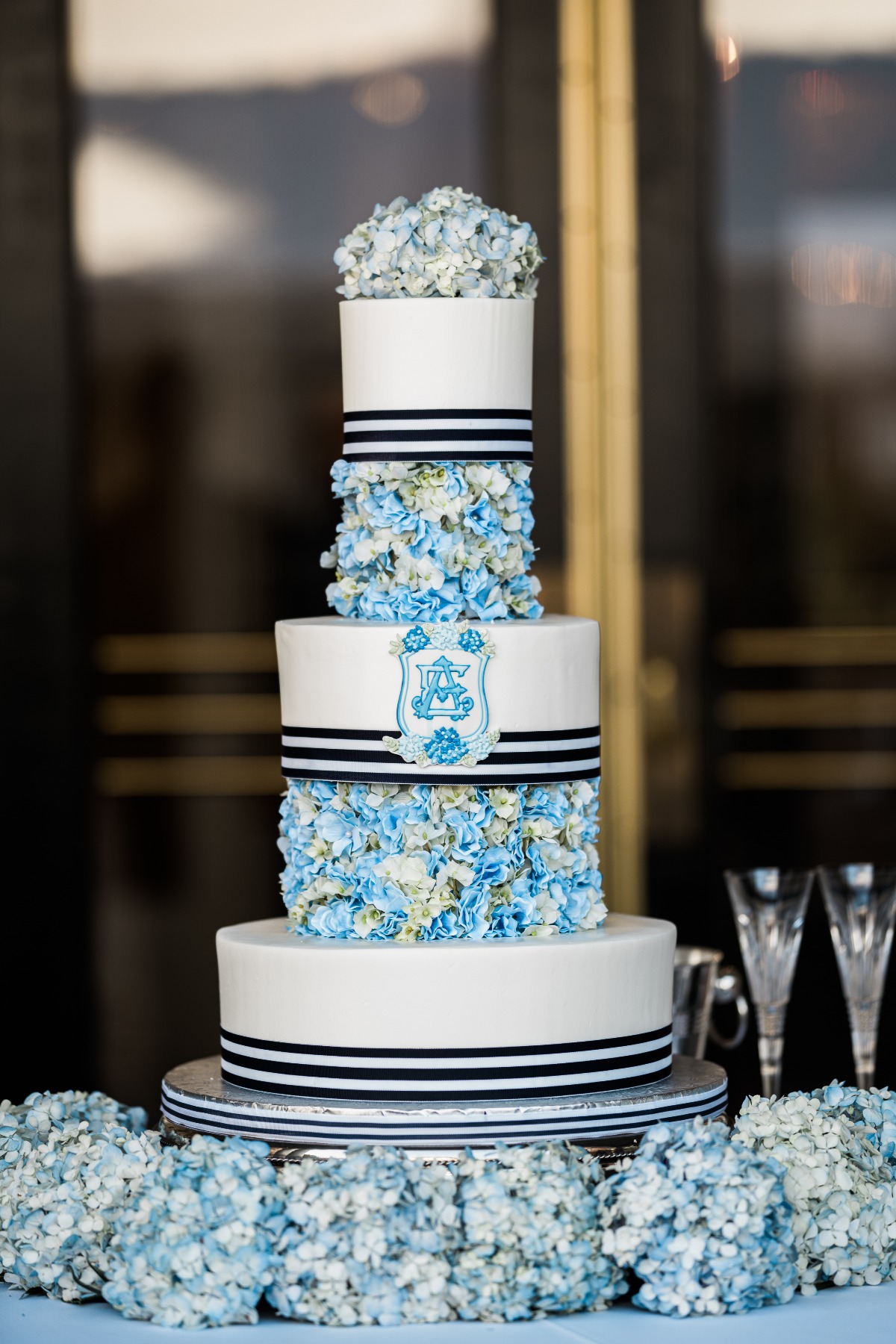 Blue hydrangea covered wedding cake 