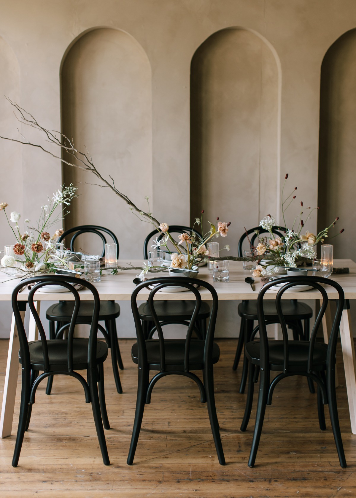 Modern black and pastel wedding reception tablescape 