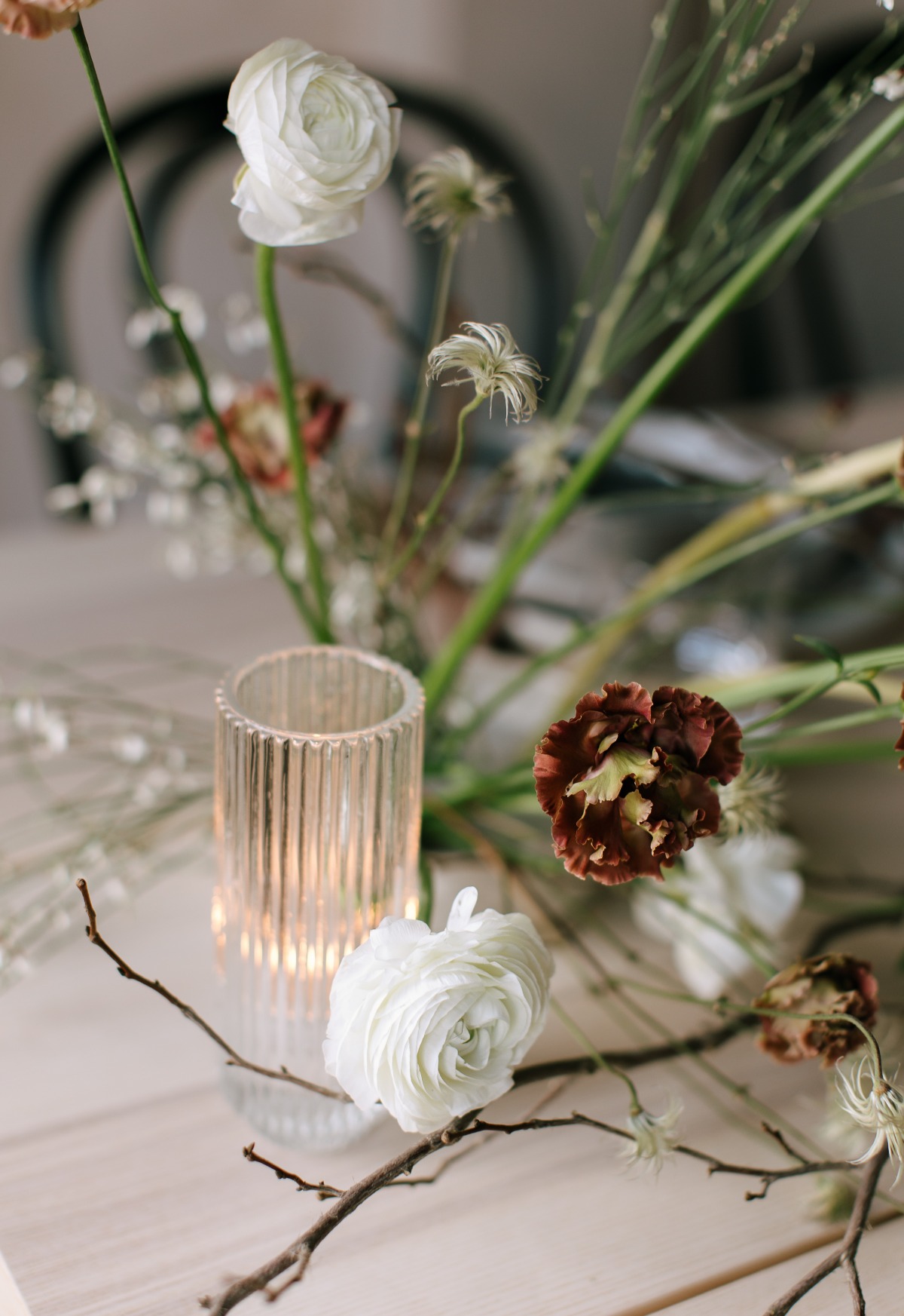 Whimsical and moody Japanese inspired floral centerpieces 