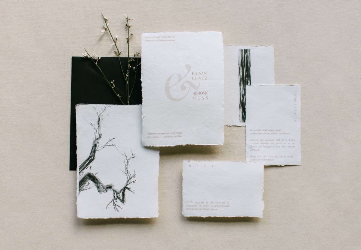 Soft linen Japanese inspired wedding invitation suite 