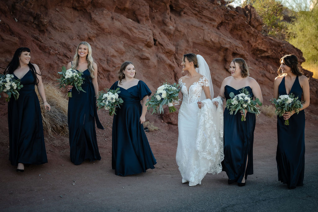 desert wedding inspiration with bridesmaids in navy at Havasu springs