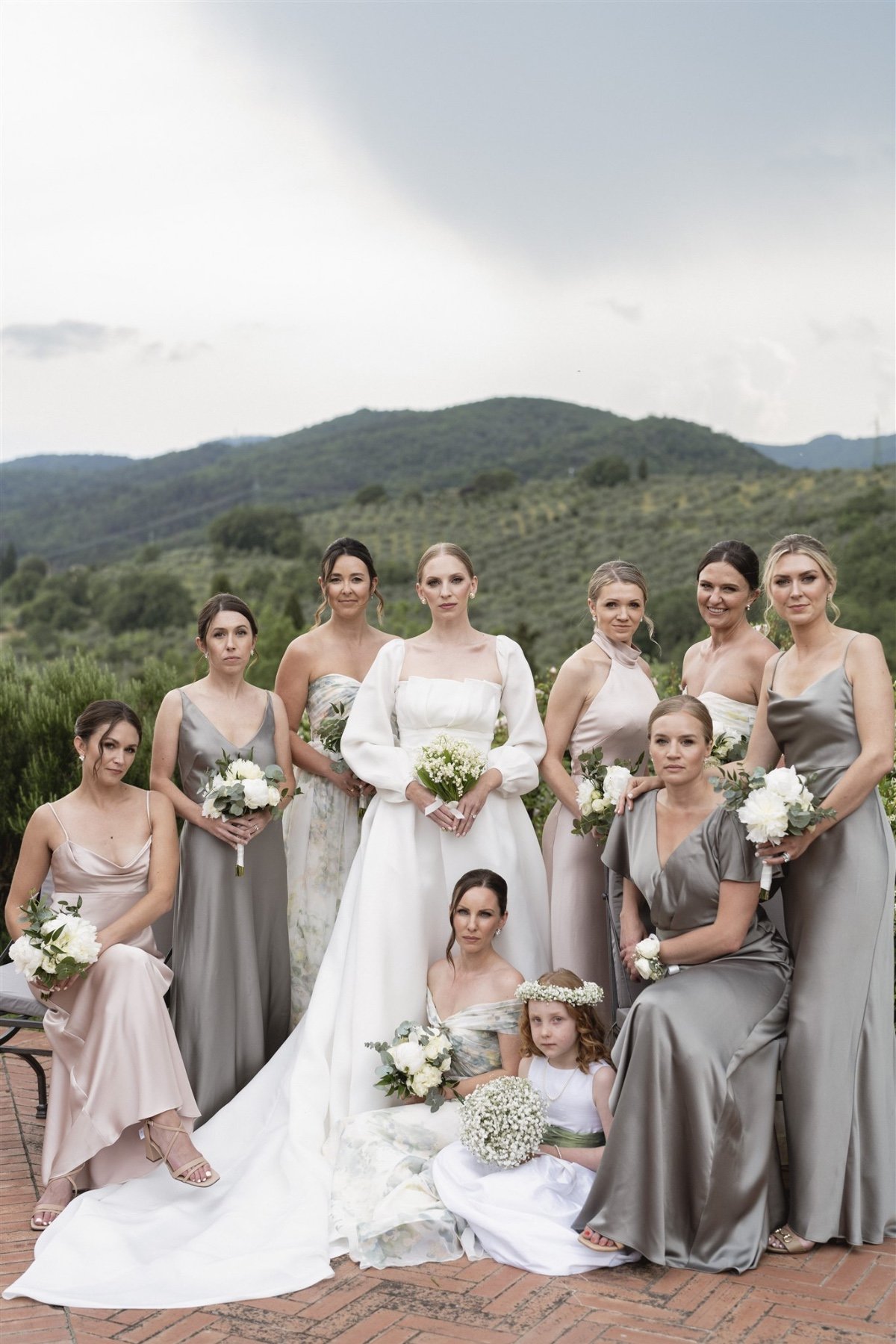 Chic all-silver bridesmaids at Italian villa wedding 