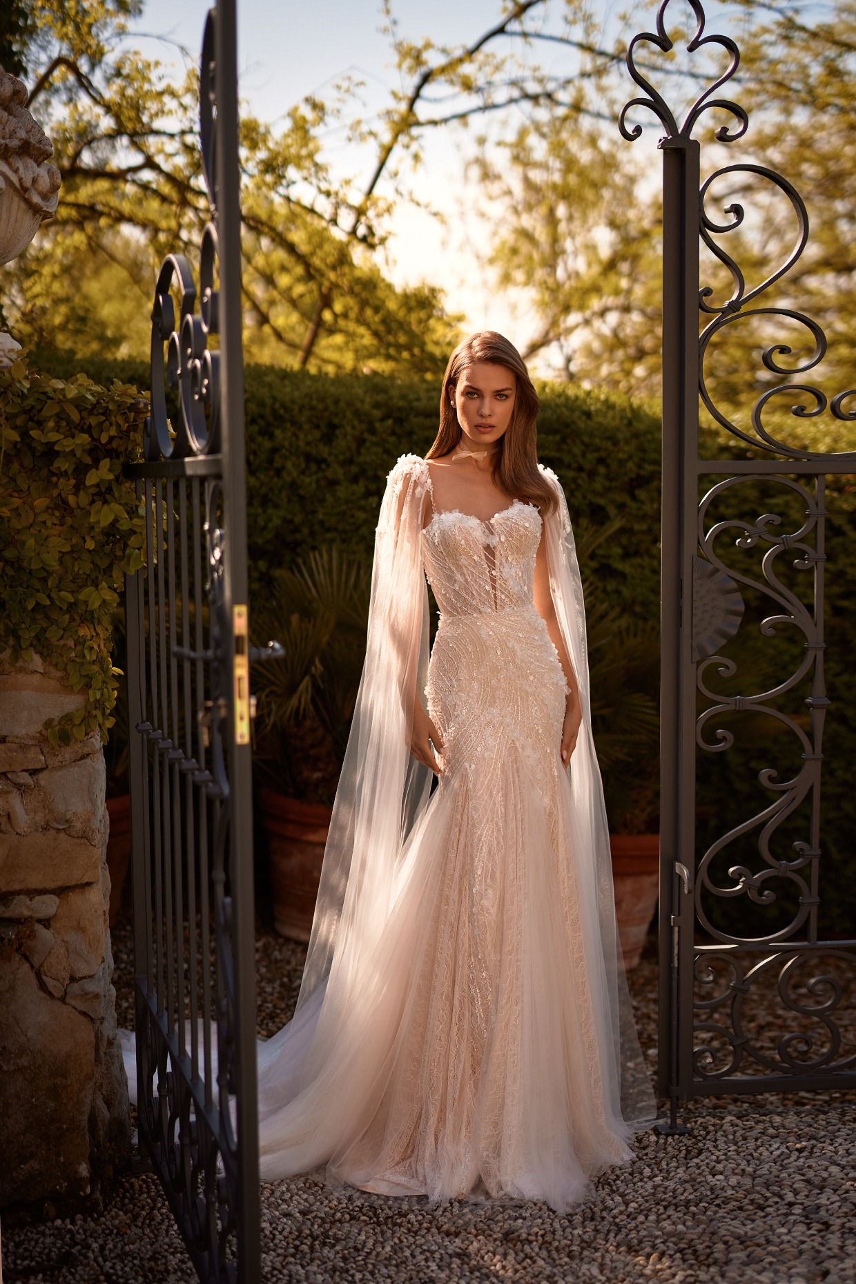 beaded tulle cape wedding gown by pollardi