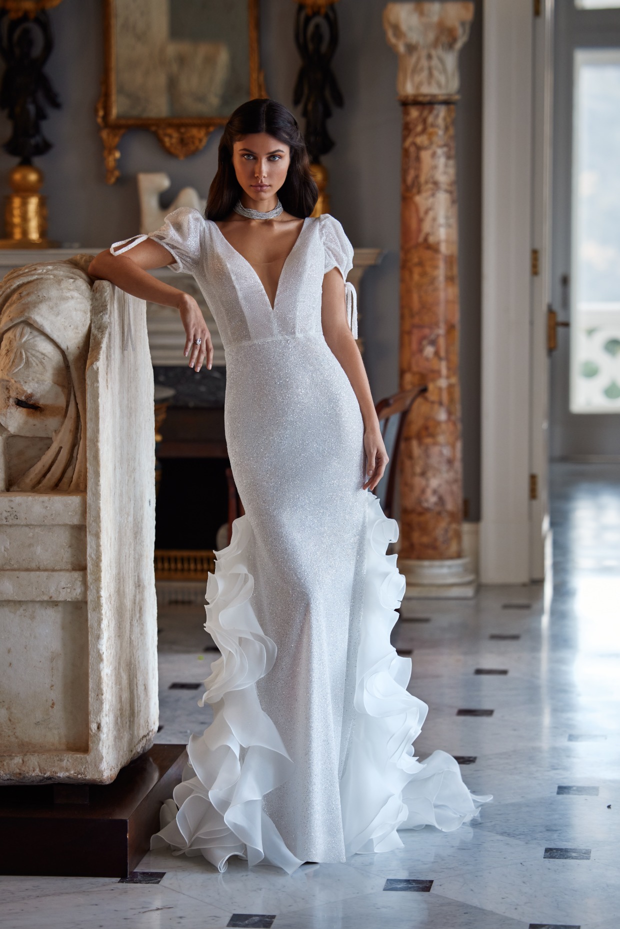non traditional ruffled sequin wedding gown by pollardi