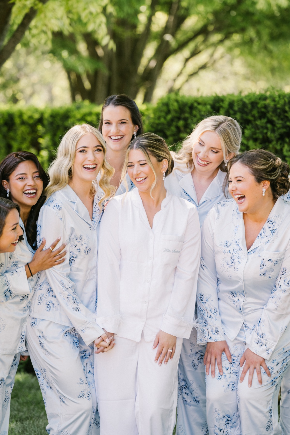 Cape Cod bride and bridesmaids in blue floral pajamas