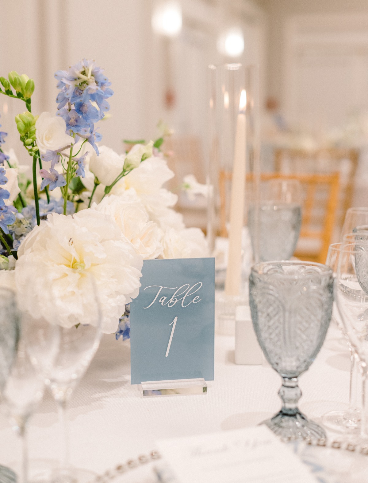 Shiny modern blue table numbers for elegant wedding 
