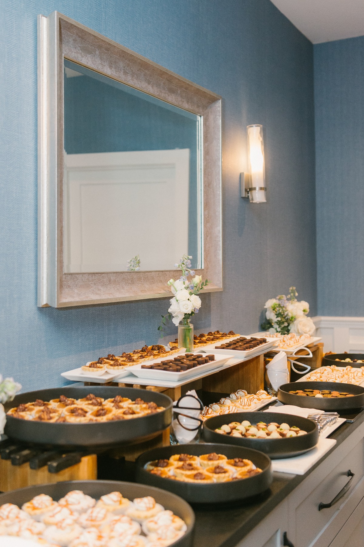 Custom dessert bar for elegant Cape Cod indoor wedding