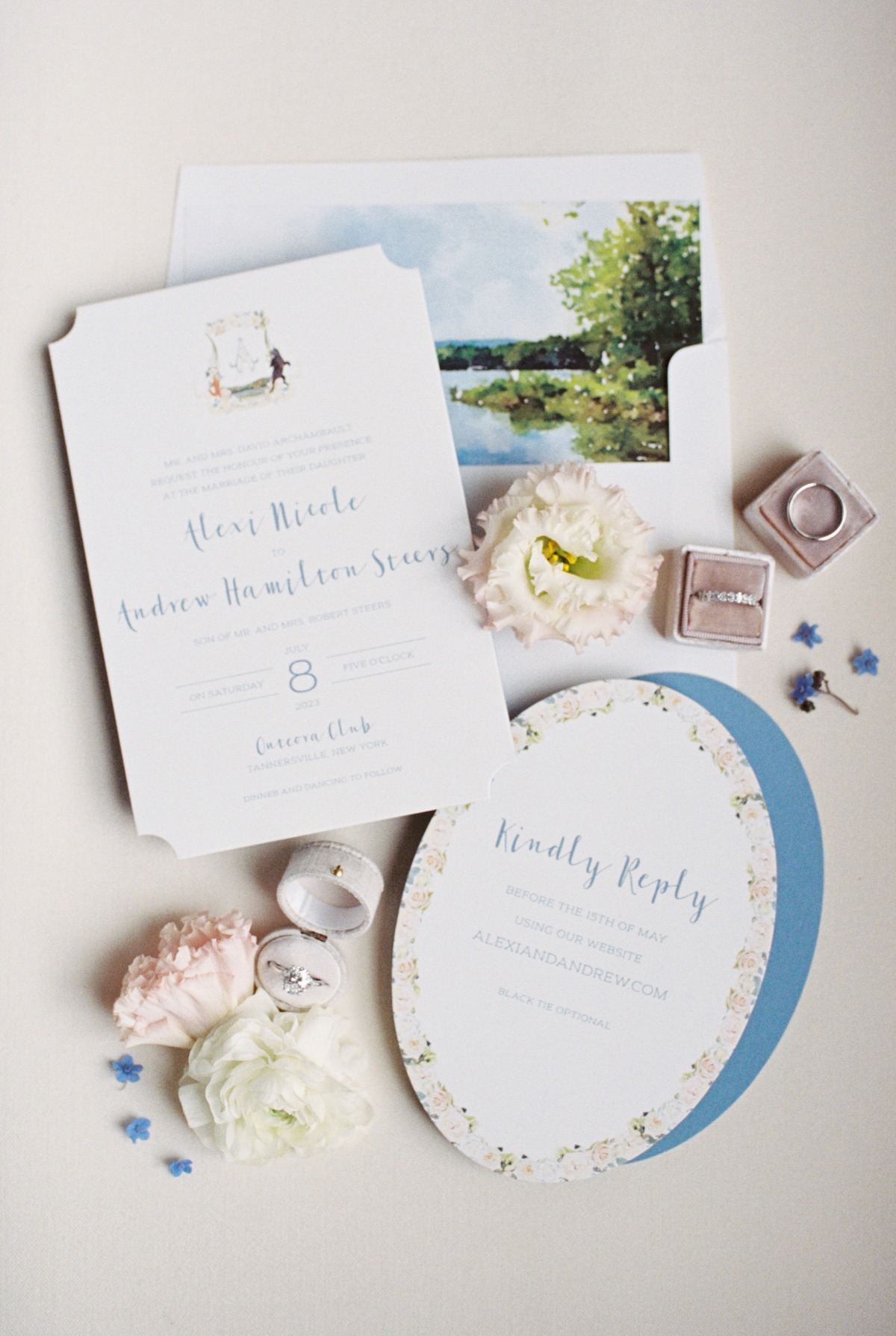 Elegant watercolor garden party wedding invitation suite