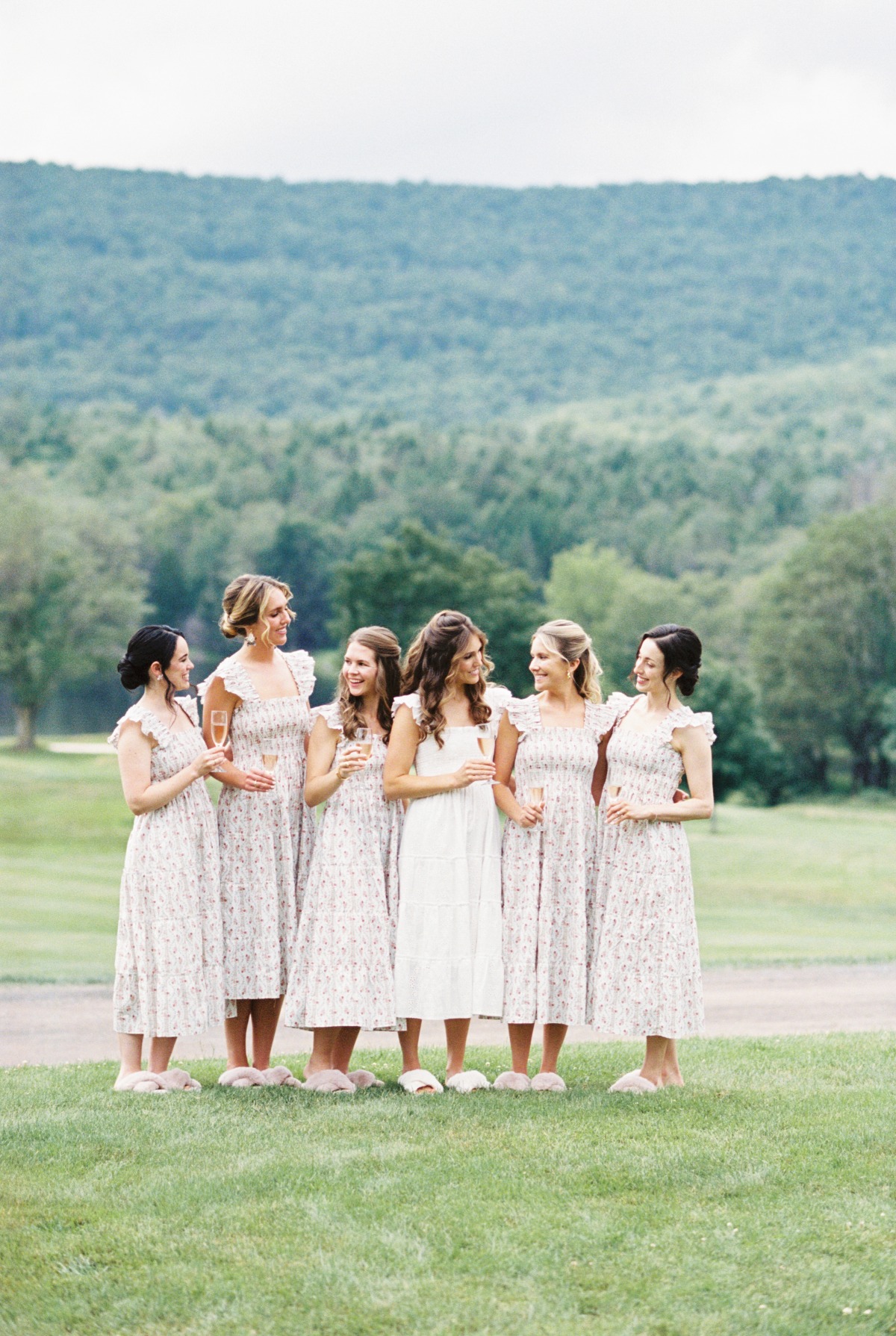 Floral and white bridal party dresses for getting ready 