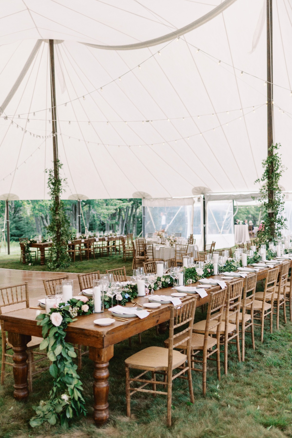 Elegant tented garden party wedding reception table 
