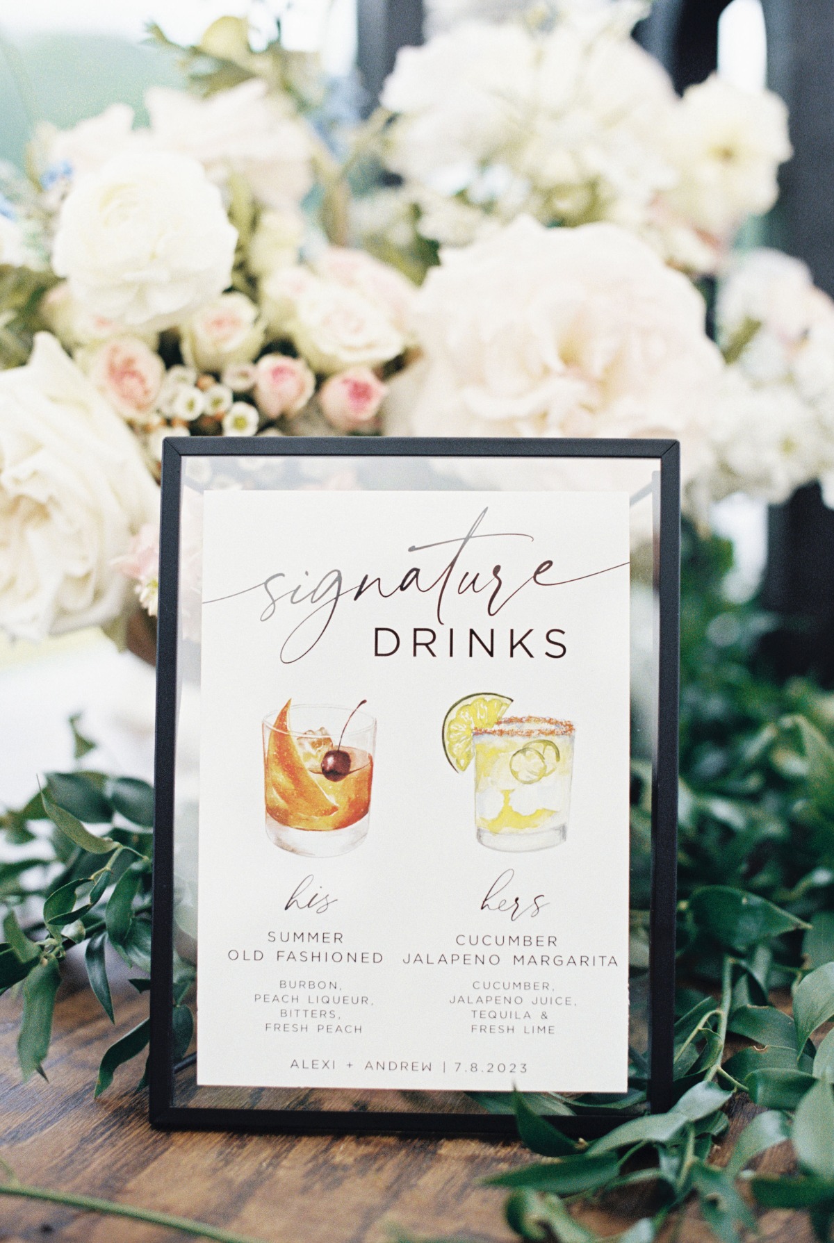 Unique watercolor summer wedding cocktail hour menu 