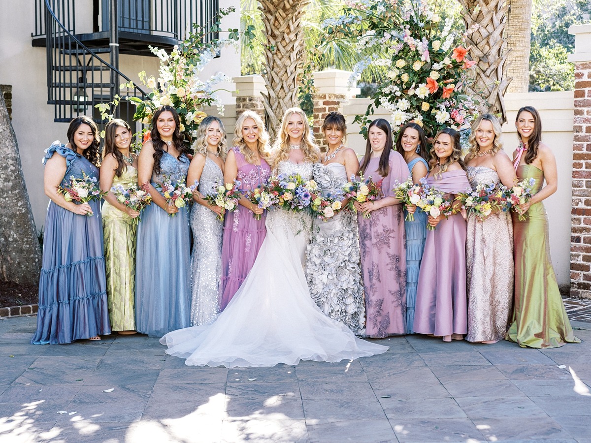 blue purple and green bridesmaid dresses