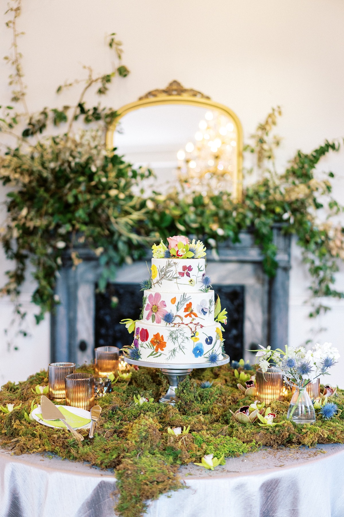 pressed flower wedding cake
